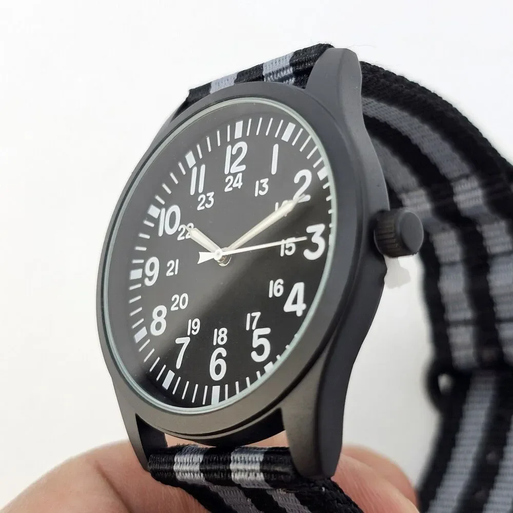 Men's Miltiary Field Watch 42MM Black Case Dial Black Gray Canvas Band‎ Straps